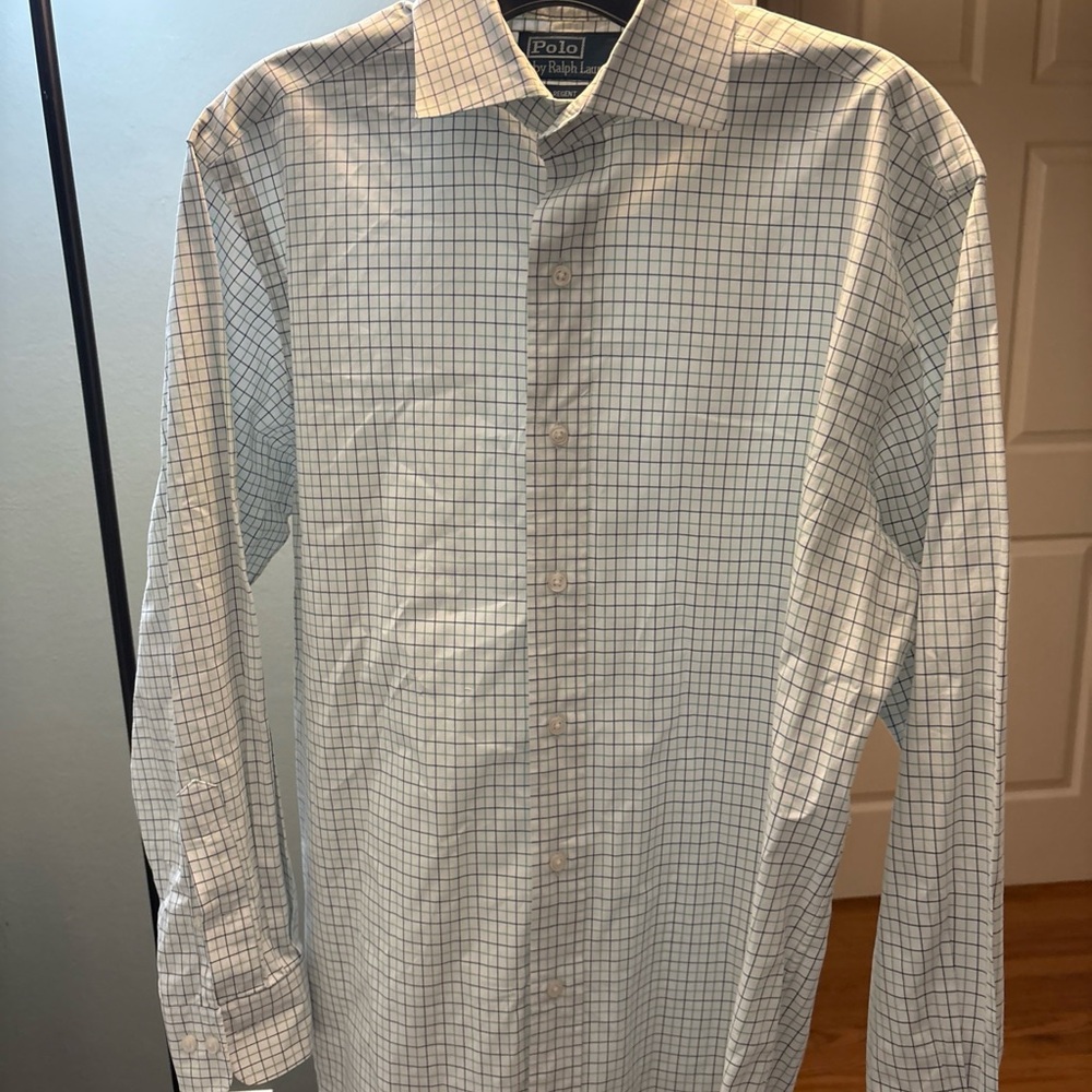 Ralph Lauren Men's White and Blue Checkered Dress Shirt